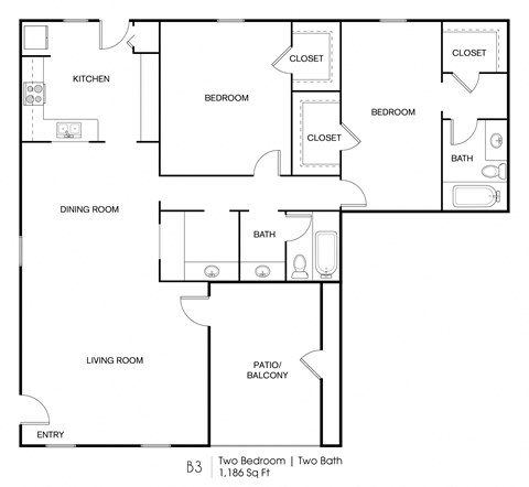 Floor plan for 2 beds, 2 baths, 1186 sqft